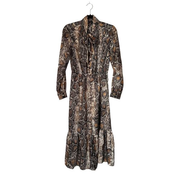 Zara Dresses & Skirts - Zara Dress Womens Size M Brown Python Snake Print Tie Neck Long Sleeve Shift